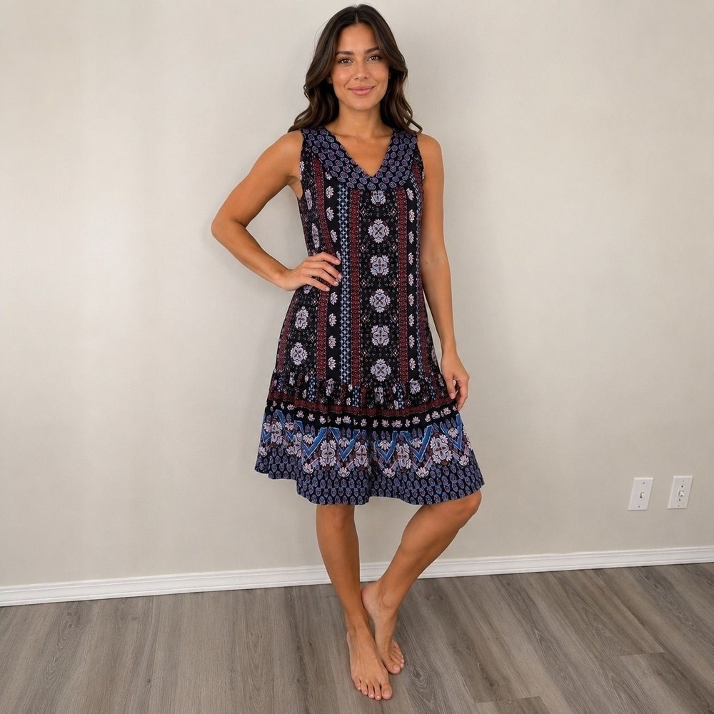 Style & Co Sleeveless Boho Medallion Print Ruffle Hem Shift Dress‎ Black Blue
